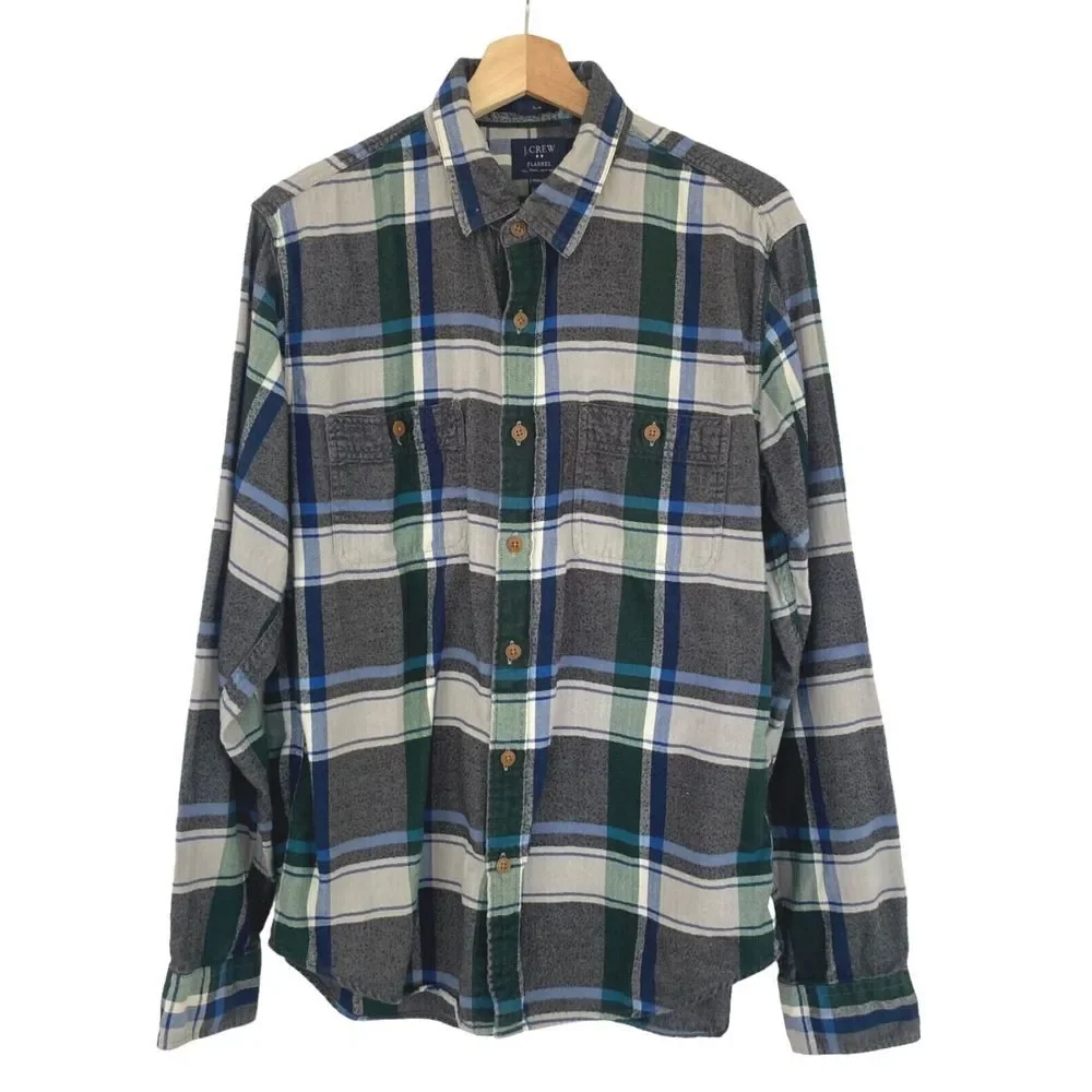 J. Crew Mens Sz L Button Front Shirt Cotton Slim Fit Long Sleeve Plaid Flannel